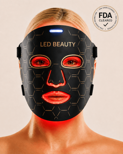 LED beauty mask with 'LED Beauty' branding and FDA clearance badge on a beige background