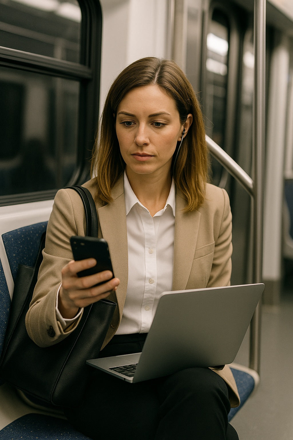 Ashley using a smartphone and laptop on a train