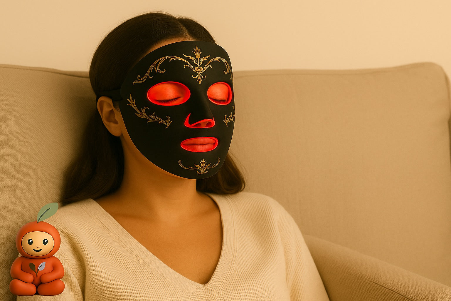 Person wearing a black decorative mask with red eyes on a beige couch, holding a small orange plush toy.