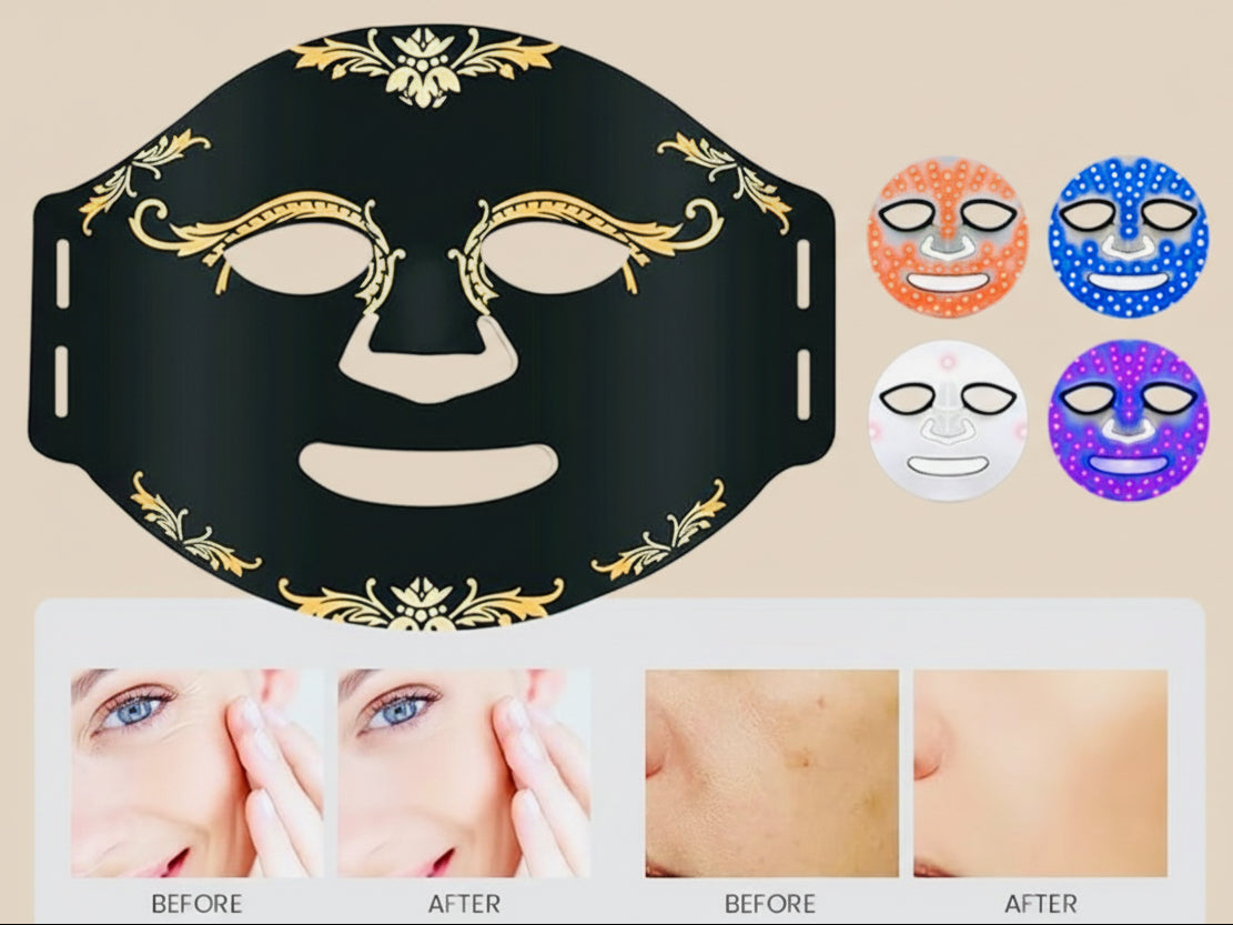 NuYOU360 LED Red Light Therapy face mask with gold accents on a white background, showing before and after effects on skin.