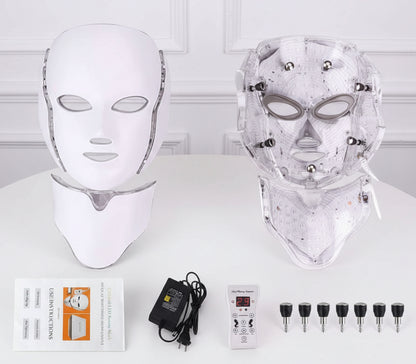 LED face and neck mask with components and accessories on a white background