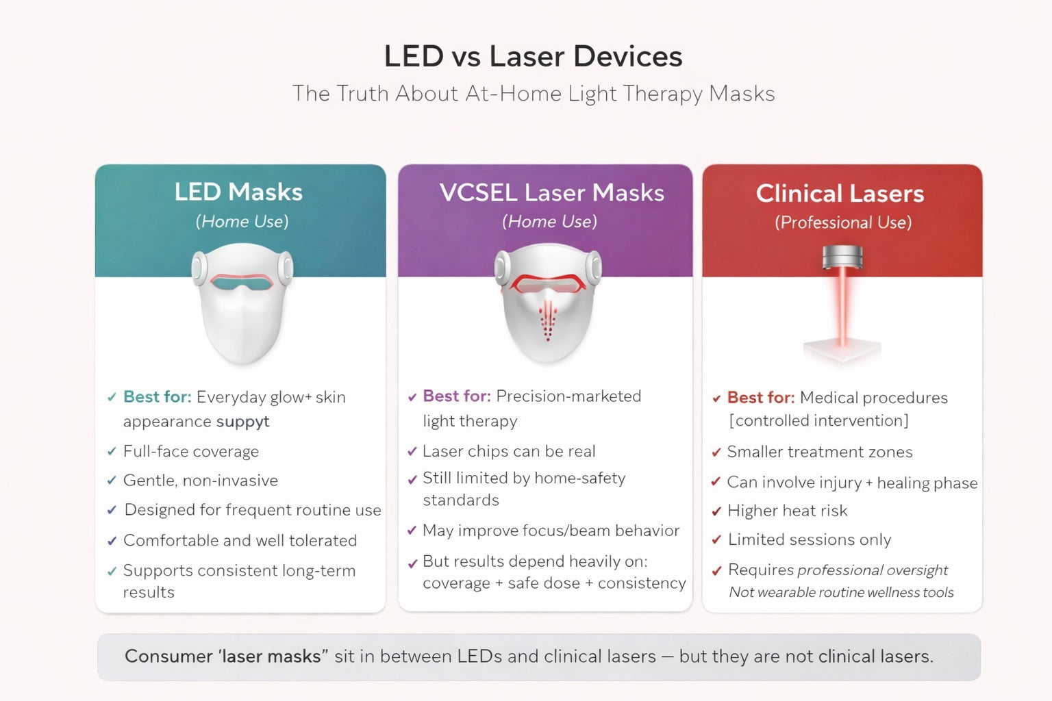 Comparison chart of LED masks, VCSEL laser masks, and clinical lasers for light therapy masks.