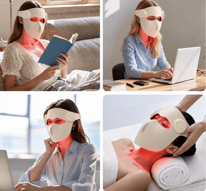 A four-panel collage showing a white LED facial and neck therapy mask worn by different people in real-life settings: reading a book, working on a laptop, sitting by a window, and receiving a neck treatment on a bed. The mask emits red light on the face and neck, with small green indicator lights visible.