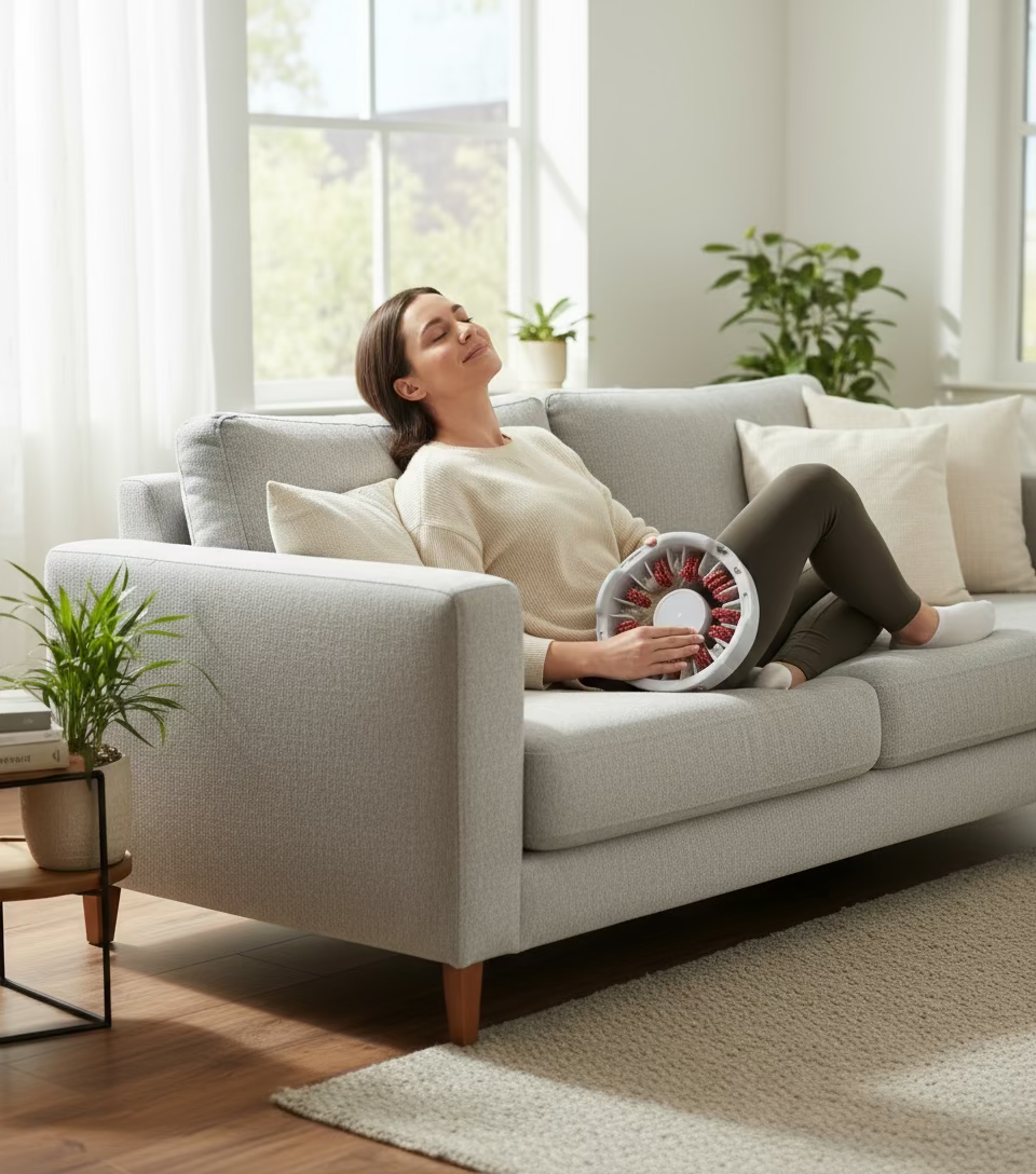 Slim, Sculpt & Soothe at home. Woman with massager on beige couch.