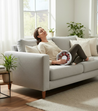 Slim, Sculpt & Soothe at home. Woman with massager on beige couch.