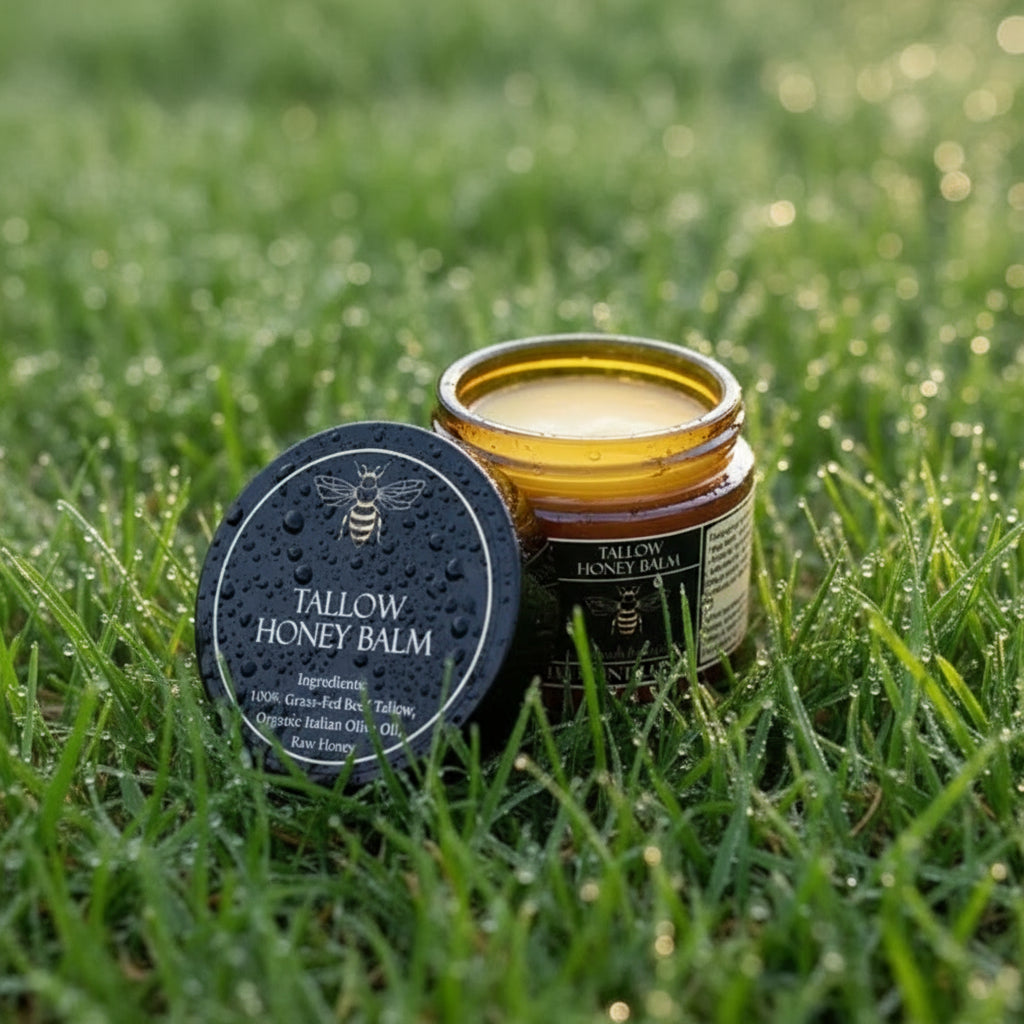 Tallow honey balm jar and container on a wooden tray in grass