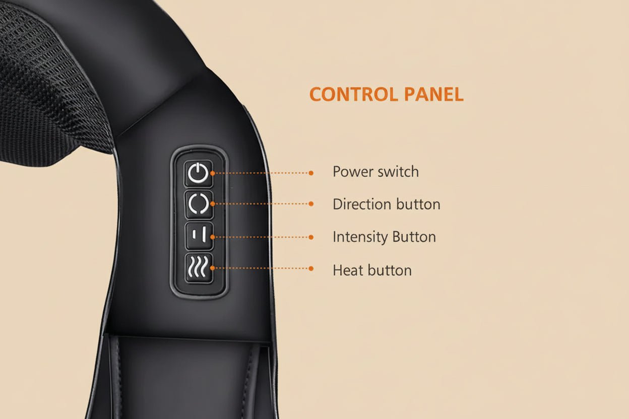 Smart neck massager with control panel and text.