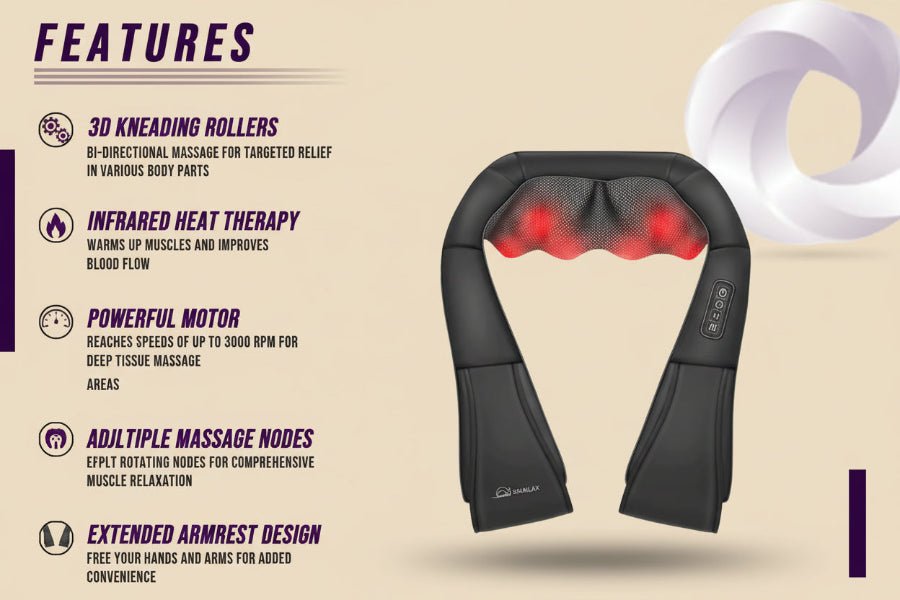Massage device with features listed on a white background