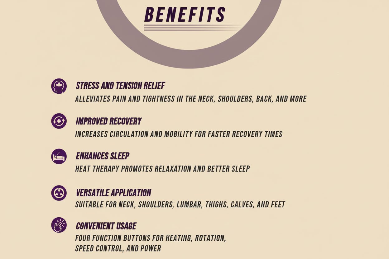 List of benefits on a beige background with purple text and icons.