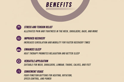 List of benefits on a beige background with purple text and icons.