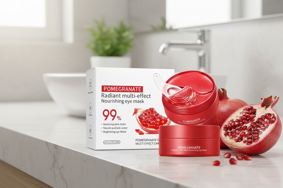Pomegranate eye mask packaging on a bathroom counter with pomegranate fruits.
