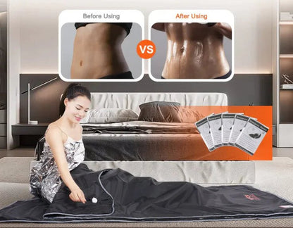 Person using sauna bags with before and after comparison on a living room background