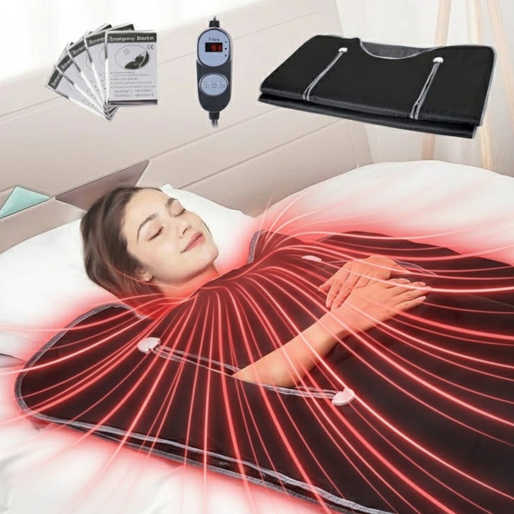 Person lying on a black infrared heating blanket with control device and manual on a bed.
