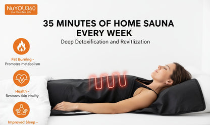 Person lying under a home sauna blanket with benefits listed.