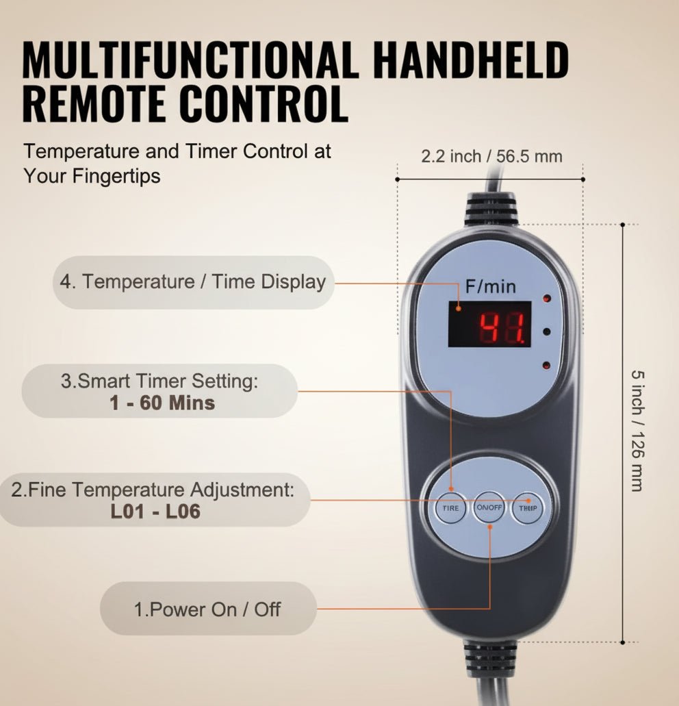 Multifunctional handheld remote control with temperature and timer display on a white background