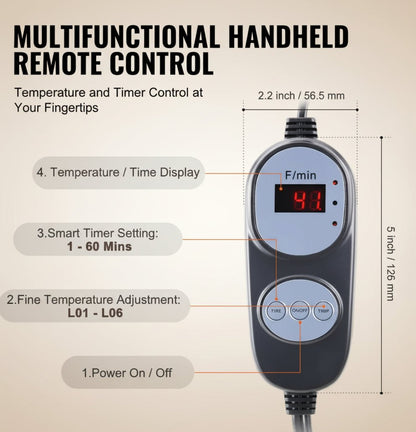 Multifunctional handheld remote control with temperature and timer display on a white background