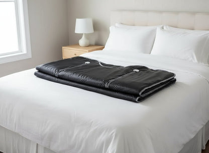 Black folding mat with silver zippers on a white background