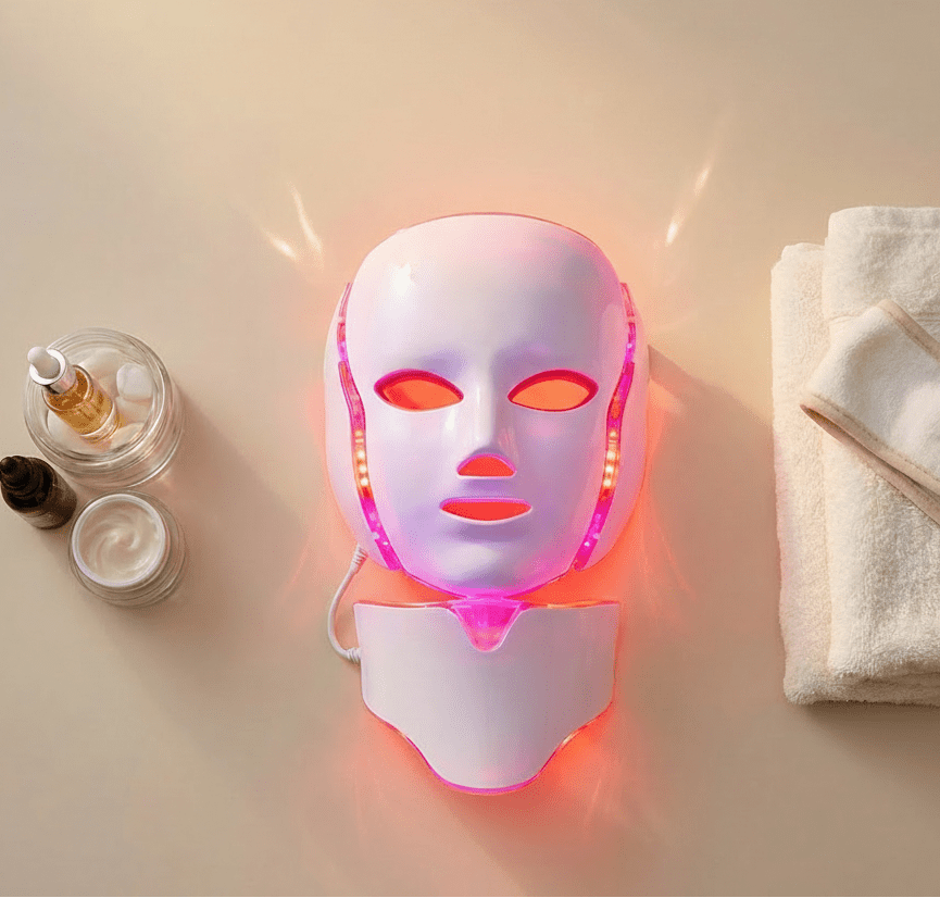 LED face mask with skincare products and a towel on a beige background, featuring NuYOU360 branding.