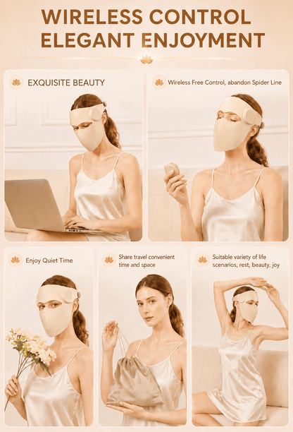 Woman wearing a face mask with various activities and text about wireless control and elegant enjoyment.