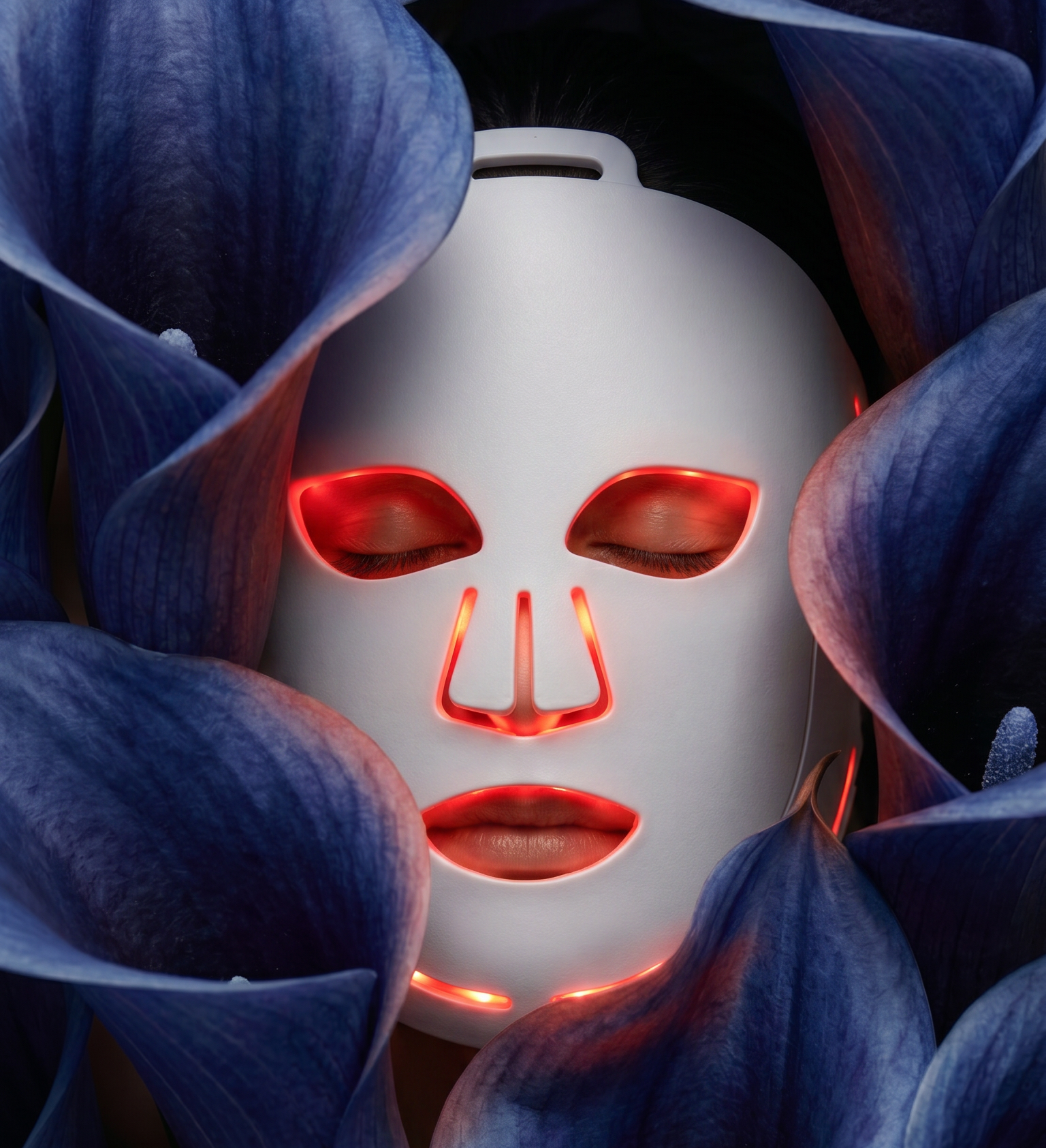 NuYOU360 Radiance 400 Spa grade LEDs 5 Color Face Mask. Model with eyes Closed around blue flowers.