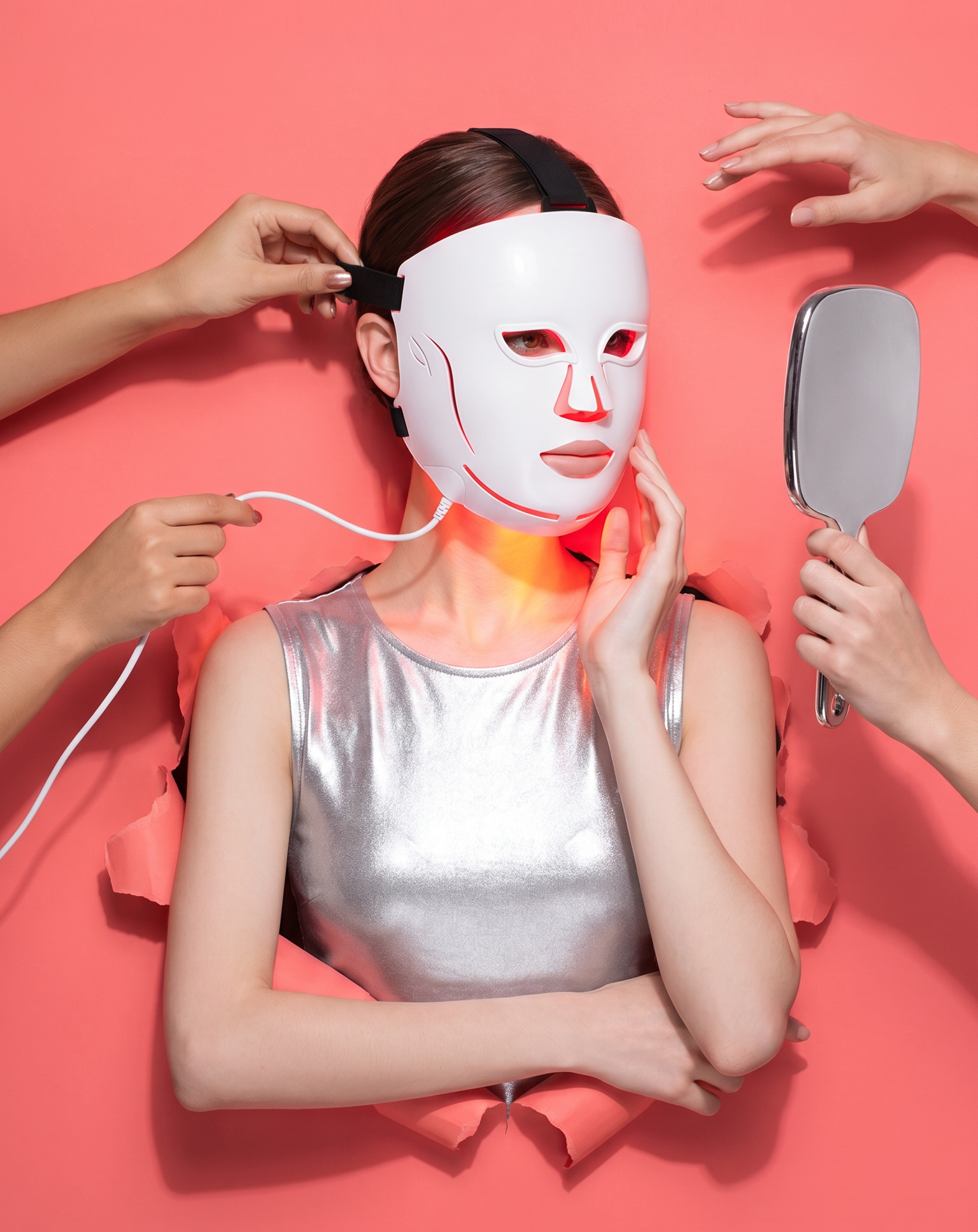 Woman wearing a white face mask with red lights, surrounded by hands adjusting the mask and holding a mirror on a pink background.