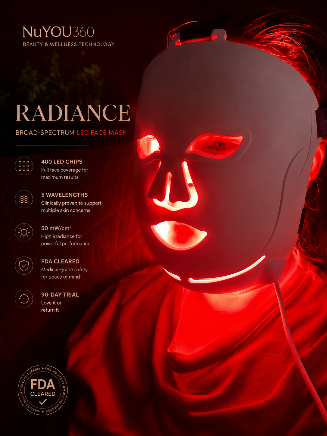 LED face mask with red light on a dark background, featuring NUYOU360 branding.
