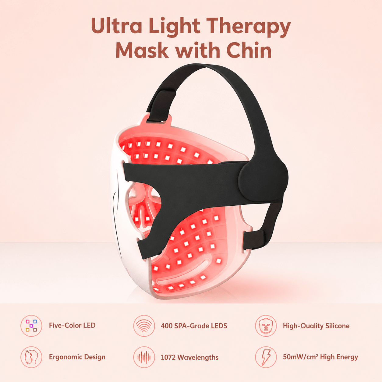 Ultra light therapy mask with chin on a pink background