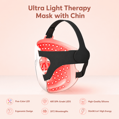 Ultra light therapy mask with chin on a pink background