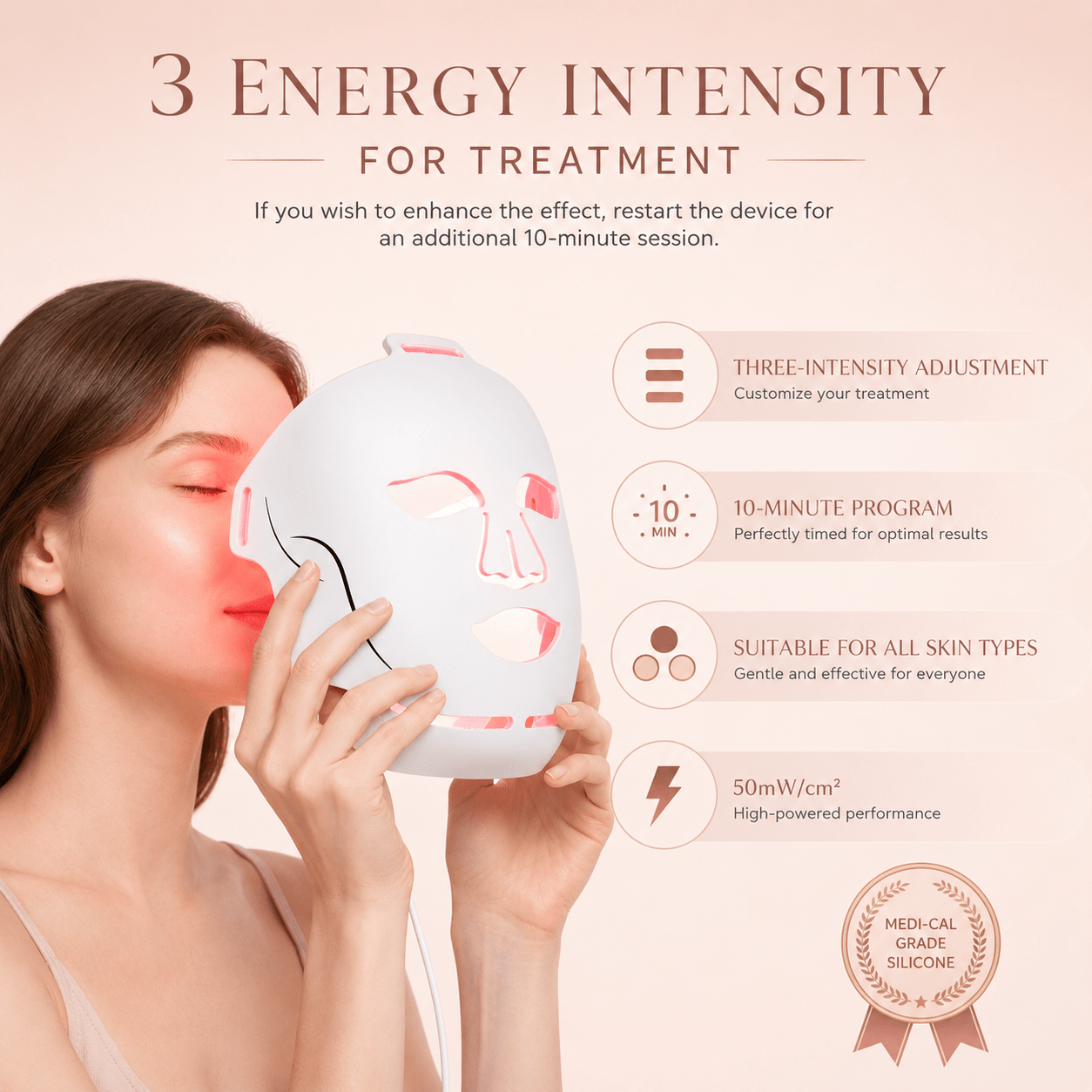 Woman using a skincare device with text about energy intensity for treatment on a beige background