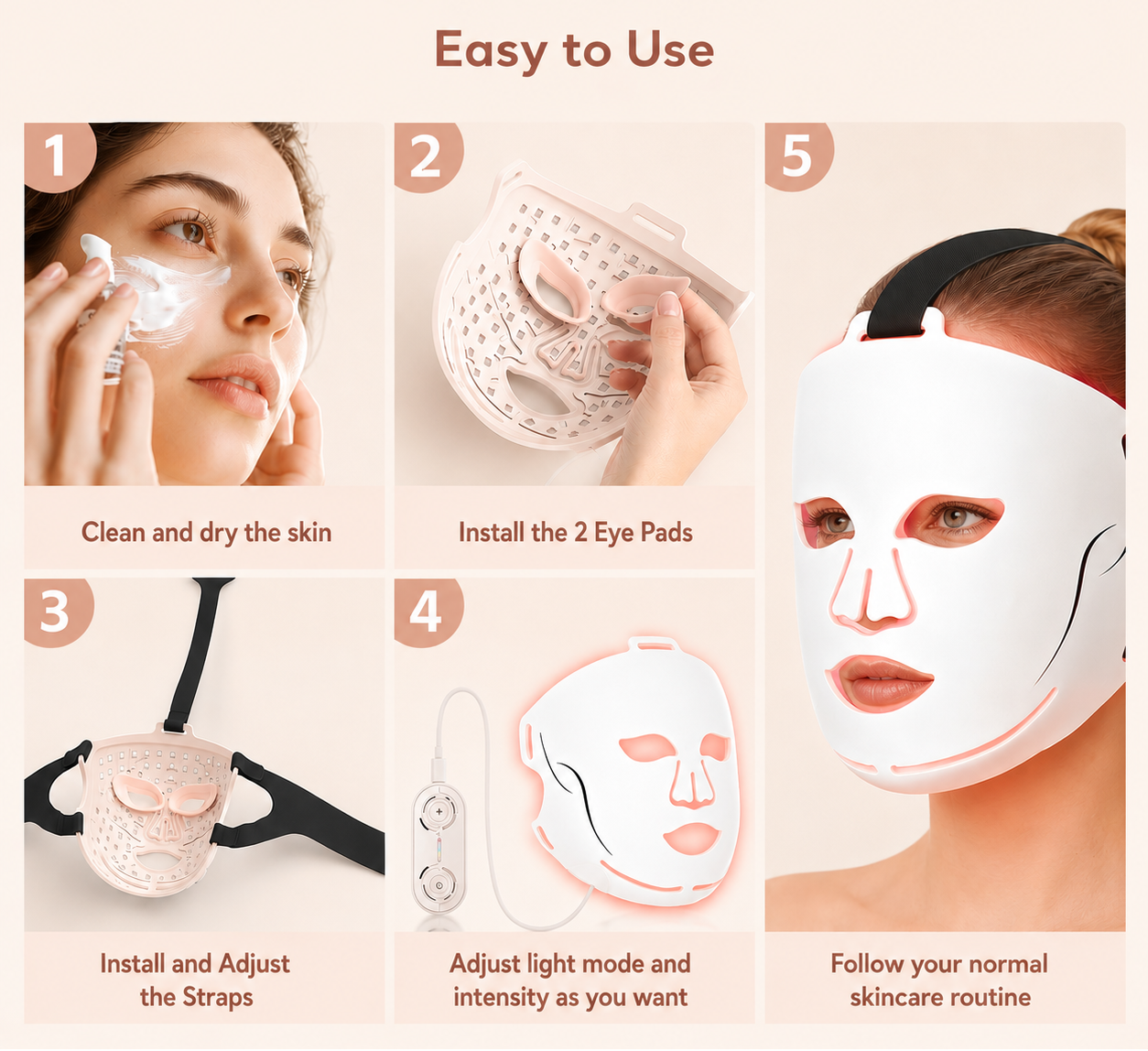 Step-by-step guide on how to use a face mask with eye pads and straps.