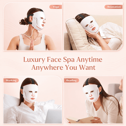 Woman wearing a face mask in various activities with text 'Luxury Face Spa Anytime Anywhere You Want'.