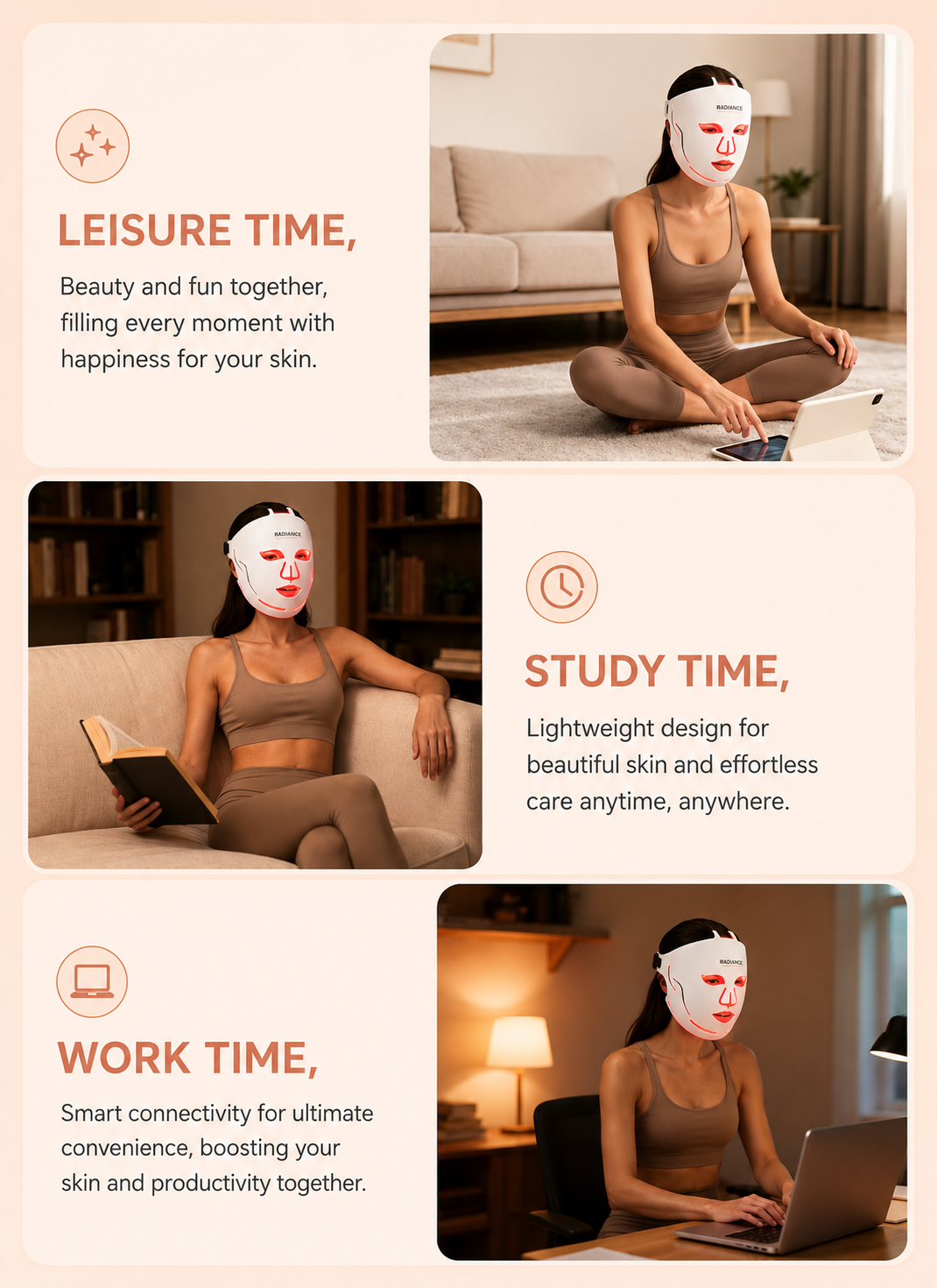 Woman wearing a face mask in various settings with text about its use during leisure, study, and work time.