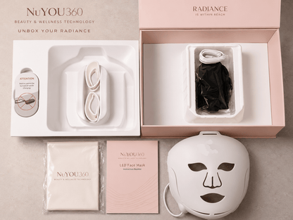 NuYou360 LED face mask set with packaging on a neutral background
