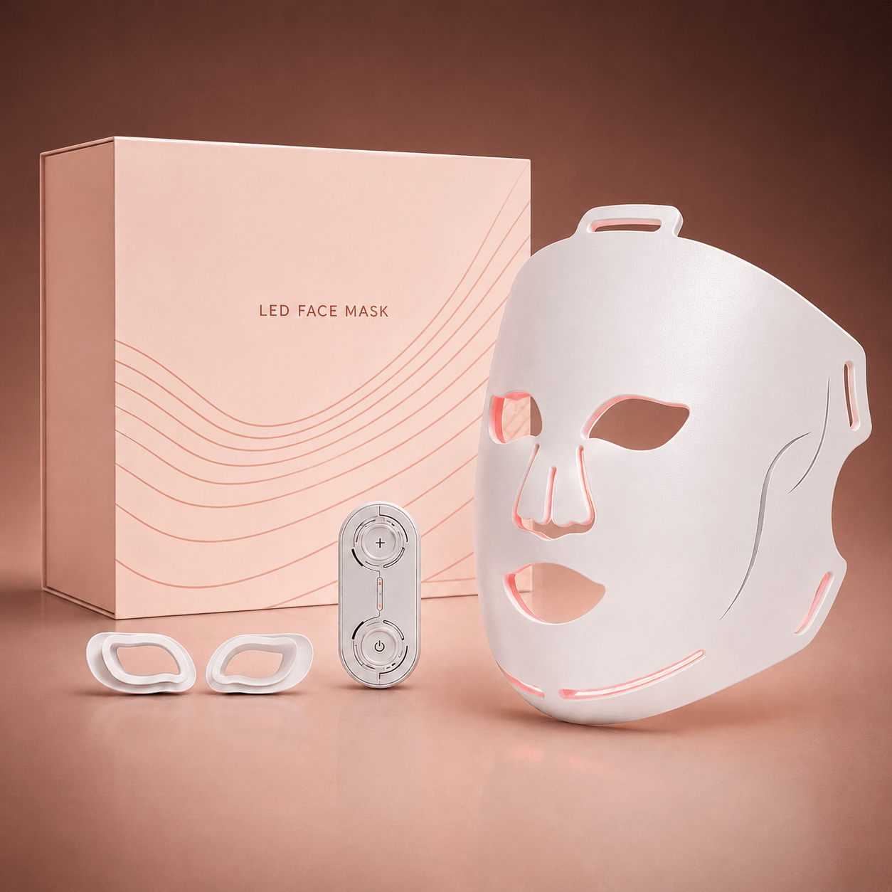 LED face mask with control device and packaging on a brown background
