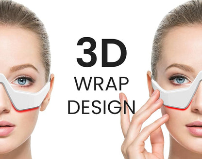 Woman wearing a 3D eye mask with text highlighting its design and benefits.