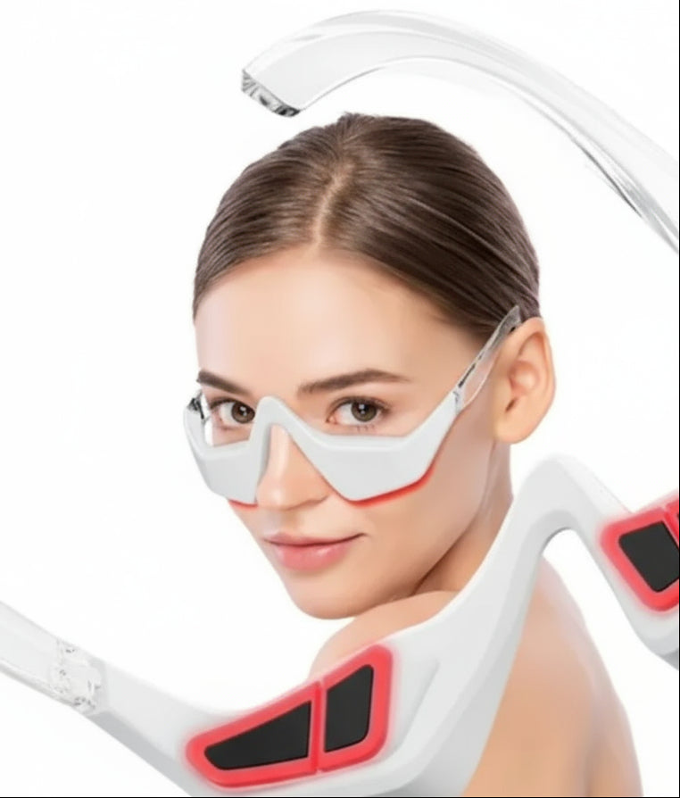 Woman wearing a white electronic device on her face with red accents