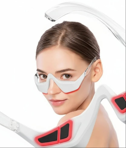 Woman wearing a white electronic device on her face with red accents