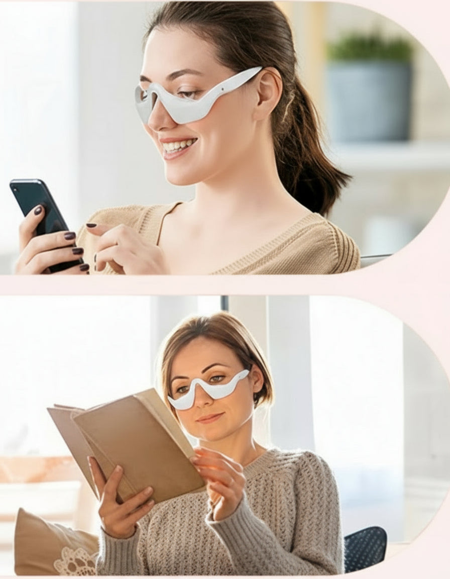 Woman wearing smart glasses in different activities with text labels on a pink background