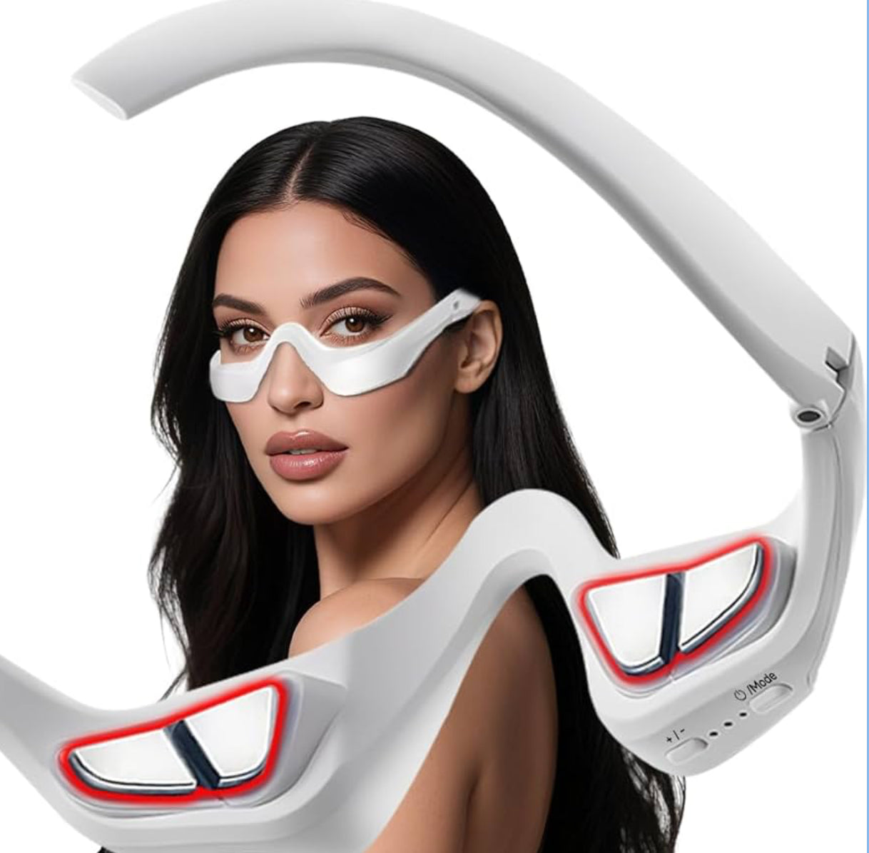 Woman wearing a futuristic white and red device on a white background