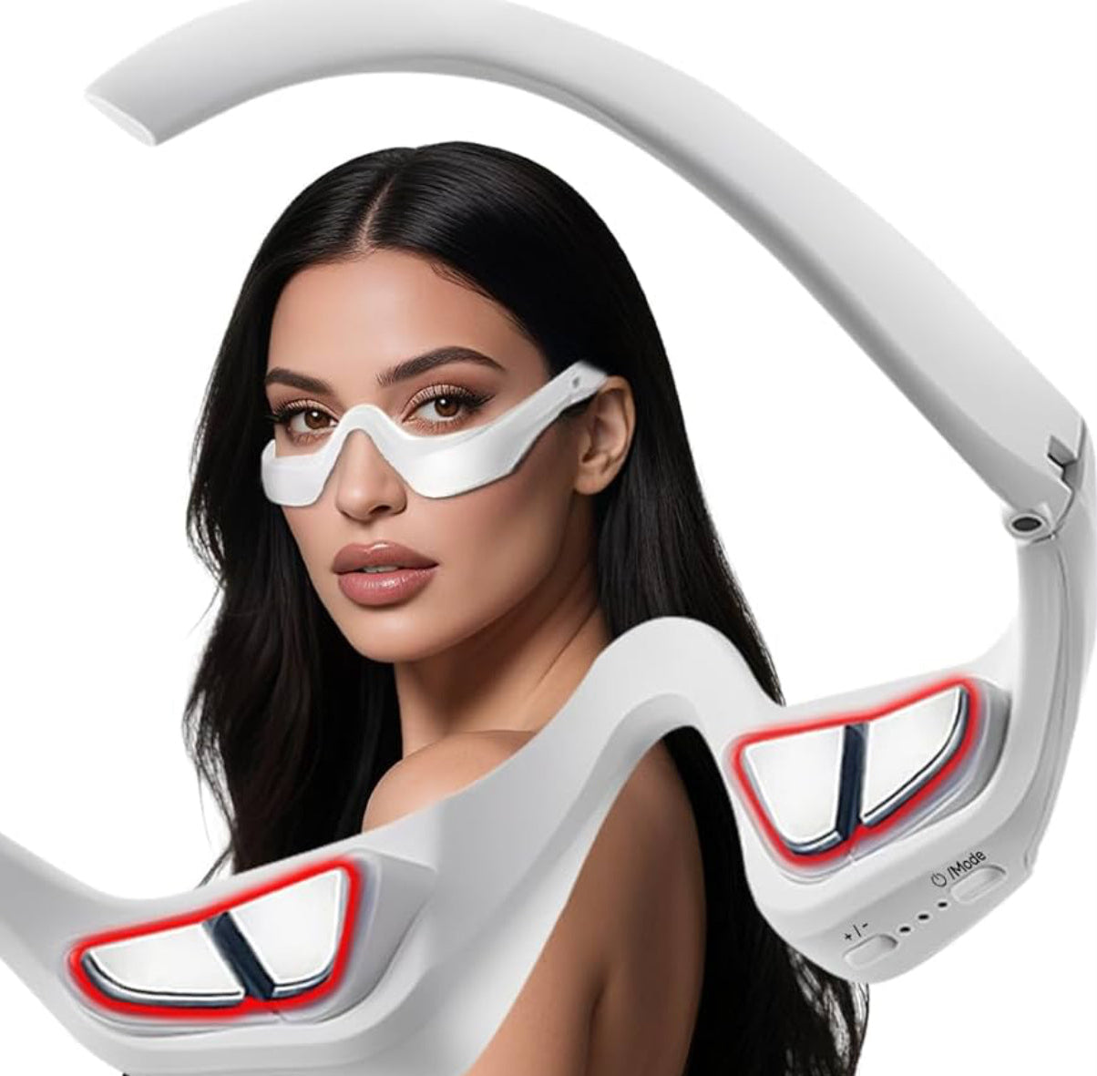 Woman wearing a futuristic white and red device on a white background