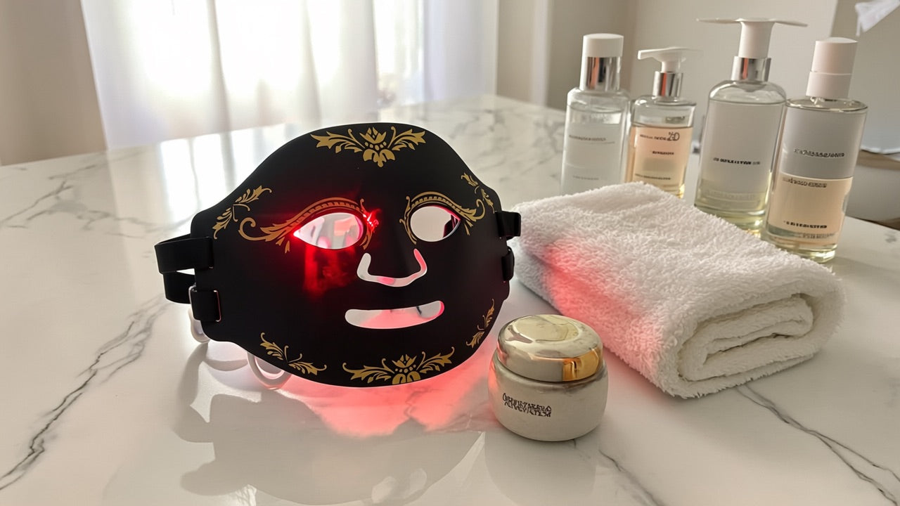 Facial mask with LED lights on a marble surface with skincare products.