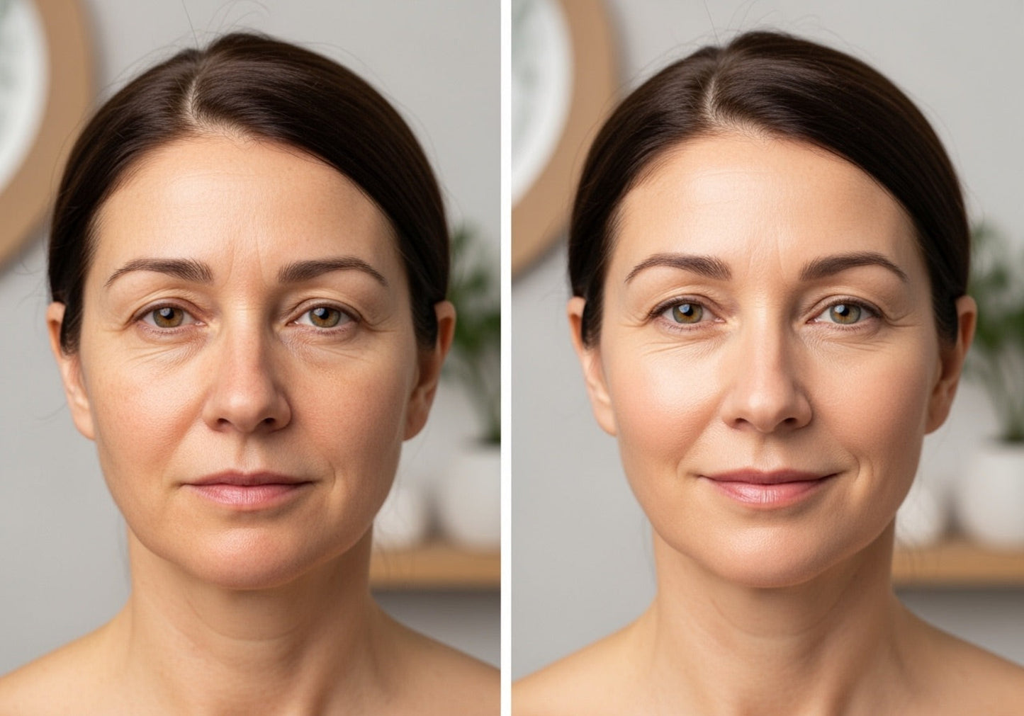 Before and after comparison of a woman's face with visible skin improvement.