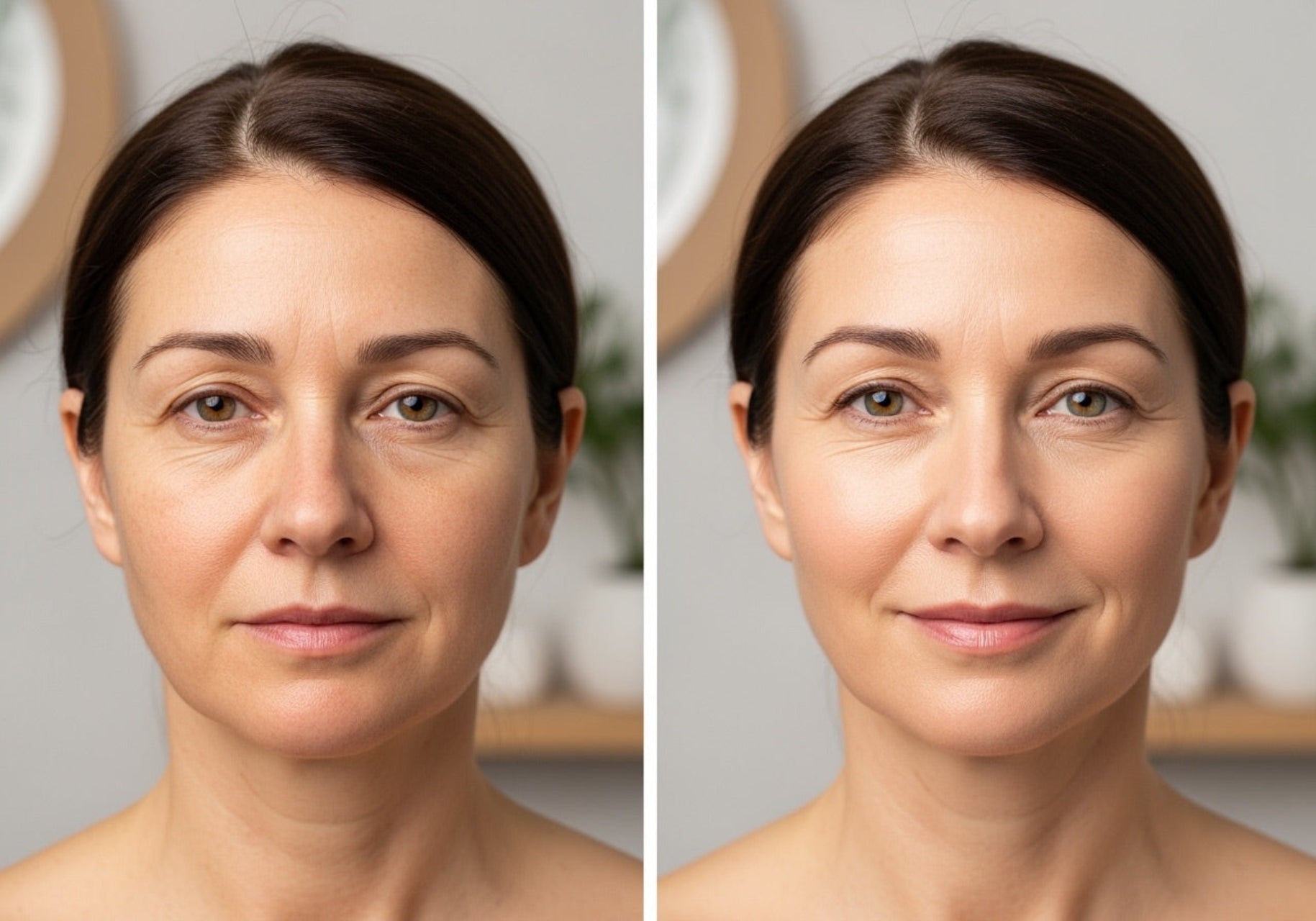 Before and after comparison of a woman's face with visible skin improvement.