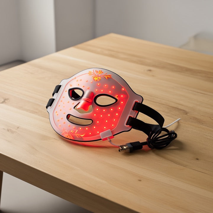LED face mask on a wooden table with a neutral background