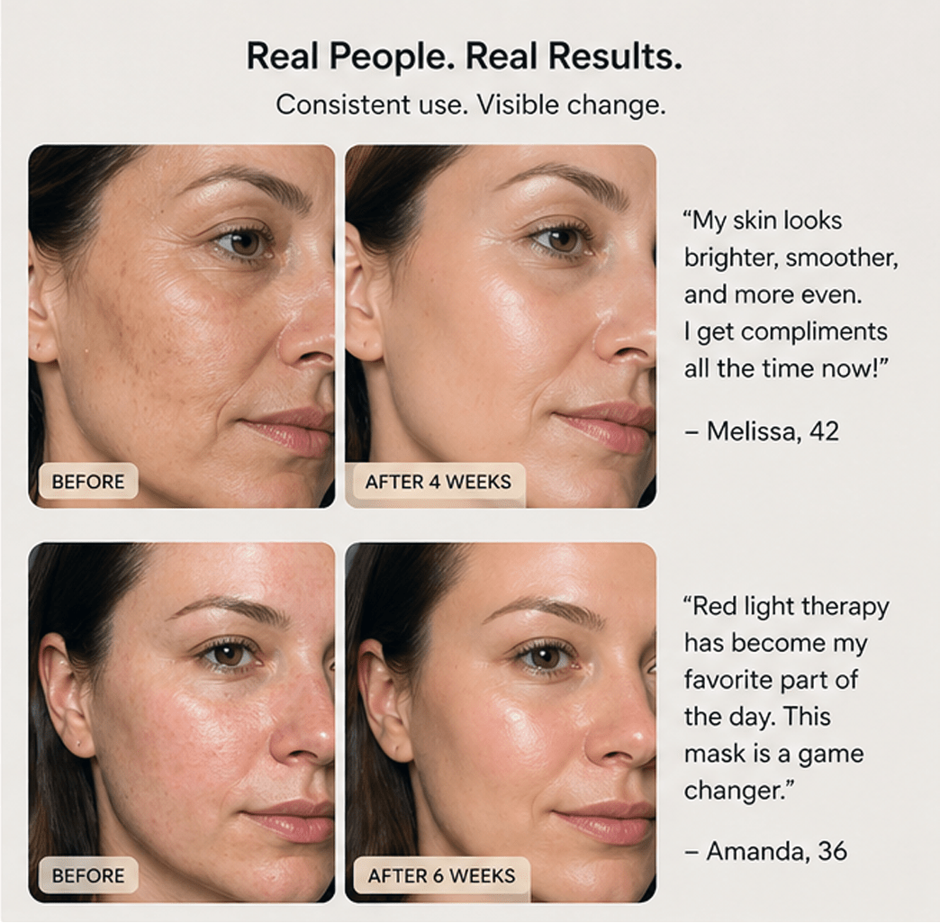 Before and after effects of a skincare product with customer testimonials on a white background.