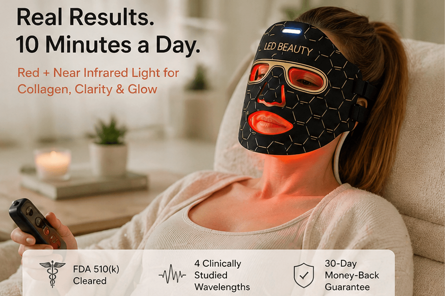 Person wearing an LED beauty mask with text about its benefits and features.