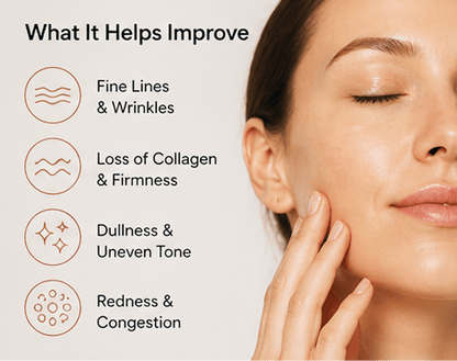 Woman touching her face with text on skin improvement benefits