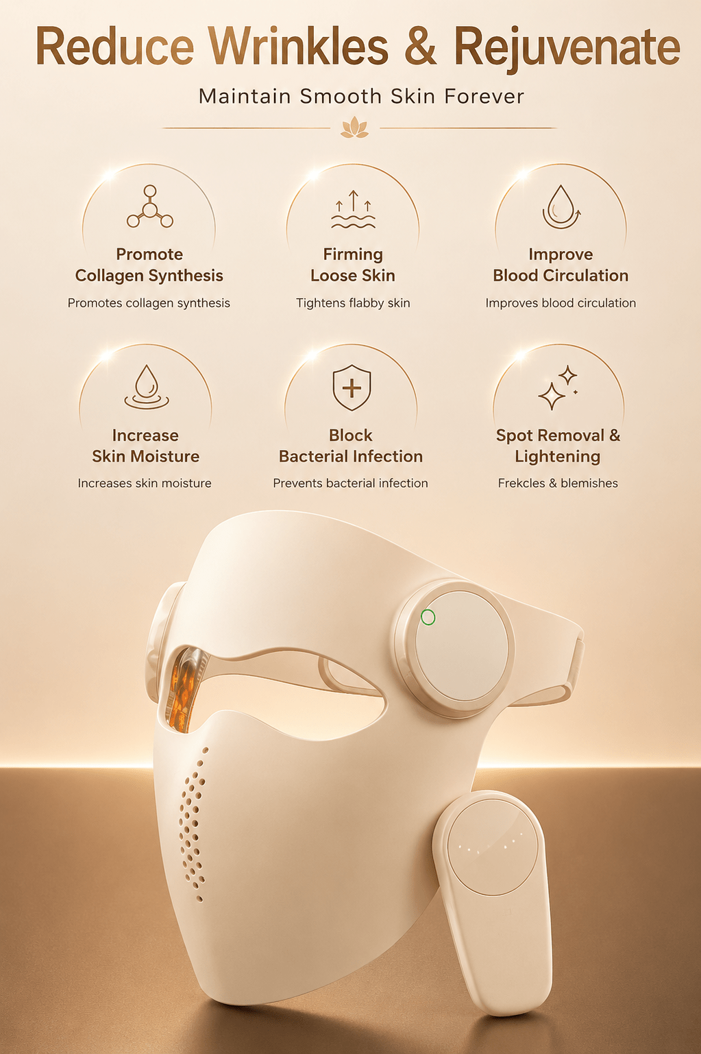 Skincare device with benefits listed on a beige background