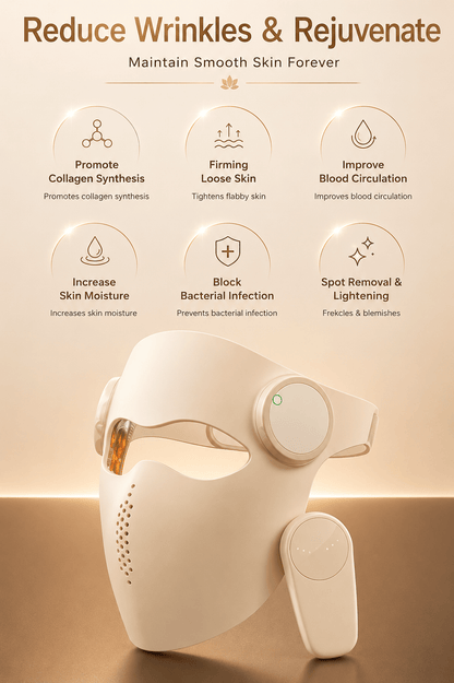 Skincare device with benefits listed on a beige background