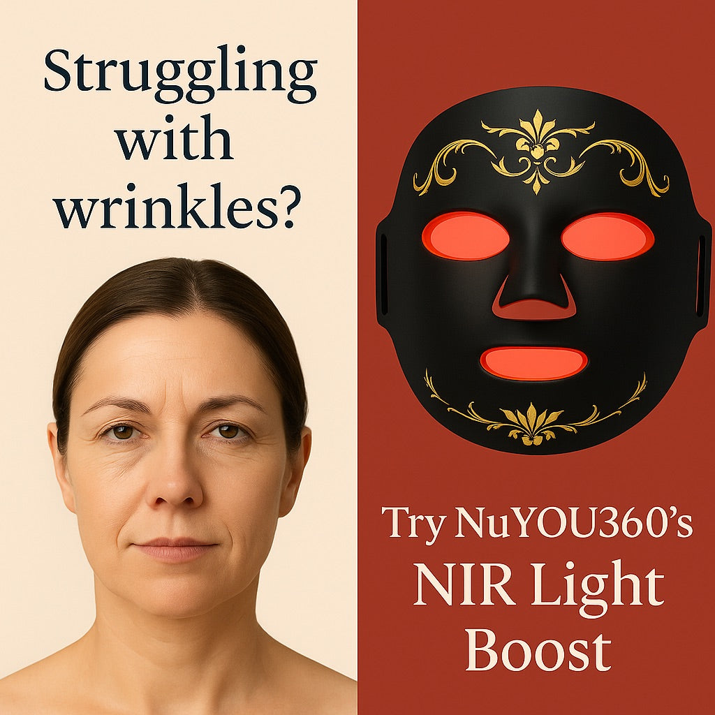 Woman with wrinkles next to a black facial mask with red lights and text promoting NuYOU360's NIR Light Boost.